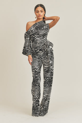 One Shoulder Zebra Print Jumpsuit - OB Fashions