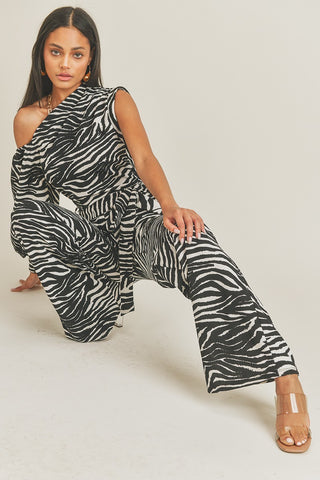 One Shoulder Zebra Print Jumpsuit - OB Fashions