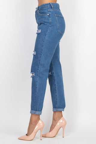 Rolled Hem Ripped Denim Jeans - OB Fashions