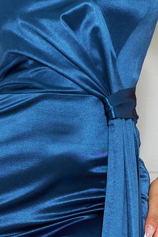 Satin One Shoulder Pleated Draped Side Maxi Dress - OB Fashions