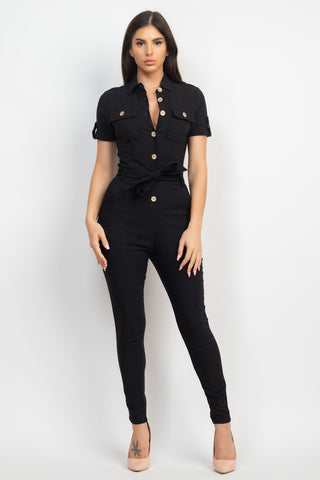 Collared Waist-tie Buttoned Jumpsuit - OB Fashions