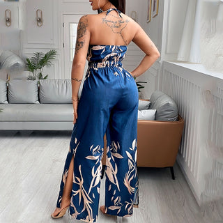 Women Fashion Elegant Sleeveless Partywear Jumpsuits Overalls Formal Party Romper Print Halter Slit Wide-legs Party Jumpsuit - OB Fashions