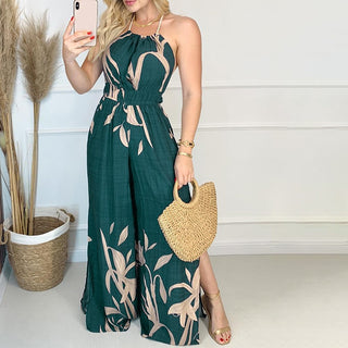 Women Fashion Elegant Sleeveless Partywear Jumpsuits Overalls Formal Party Romper Print Halter Slit Wide-legs Party Jumpsuit - OB Fashions