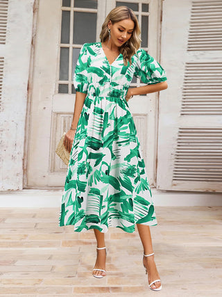 Ruched Printed Surplice Short Sleeve Dress