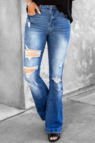 Distressed Flare Leg Jeans with Pockets - OB Fashions