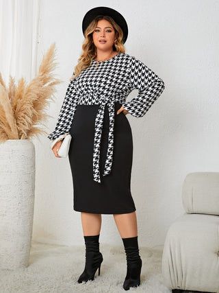 Plus Size Houndstooth Tied Long Sleeve Dress - OB Fashions