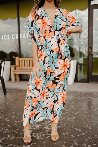 Floral Slit Plunge Short Sleeve Dress - OB Fashions