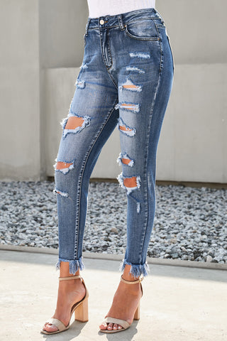 Distressed Frayed Hem Cropped Jeans - OB Fashions