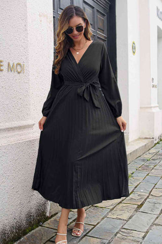 Pleated Long Sleeve Surplice Maxi Dress - OB Fashions