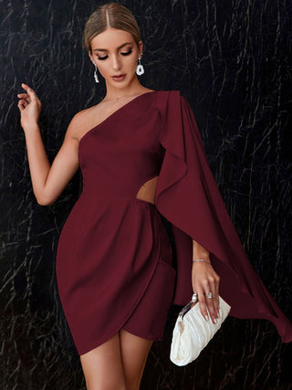 One-Shoulder Cloak Sleeve Cutout Dress - OB Fashions