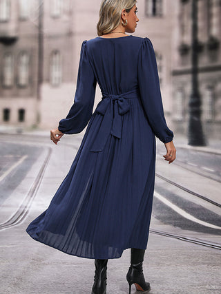 V-Neck Long Sleeve Pleated Slit Dress - OB Fashions