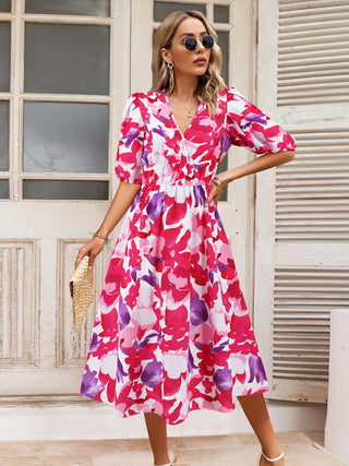 Ruched Printed Surplice Short Sleeve Dress