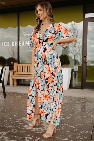 Floral Slit Plunge Short Sleeve Dress - OB Fashions