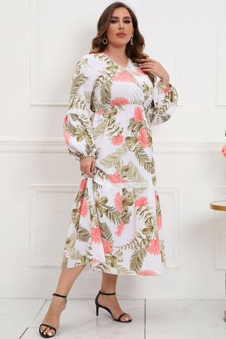 Plus Size Spliced Lace Surplice Balloon Sleeve Maxi Dress - OB Fashions