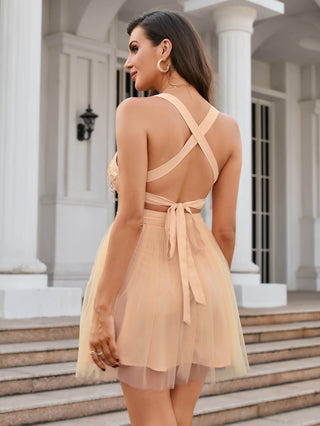Sequin Tie Back Crisscross Mini Dress - OB Fashions