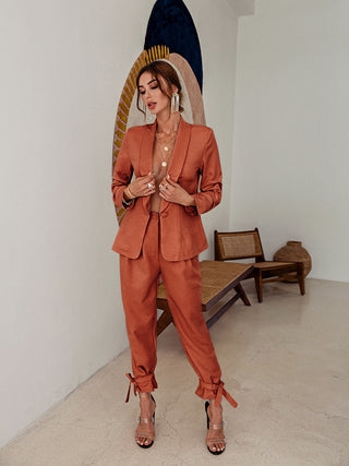 One-Button Blazer and Ankle-Tie Pants Set - OB Fashions