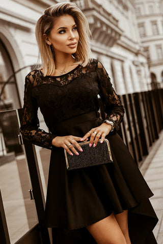 Spliced Lace High-Low Long Sleeve Dress - OB Fashions